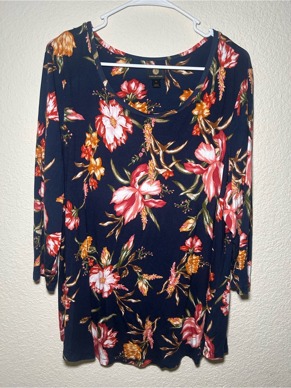 JM Collection Floral Navy Scoop Neck Long Sleeve Casual Comfort Plus Size Top 2X - Picture 3 of 7